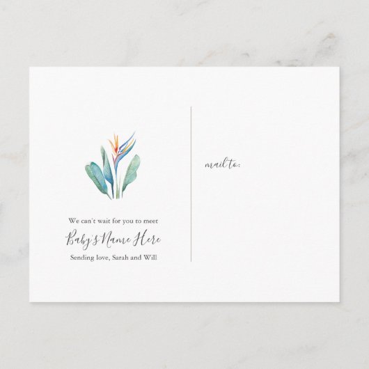 Carte Postale Faire-part de bébé à fleurs tropicales neutres sel (Dos)