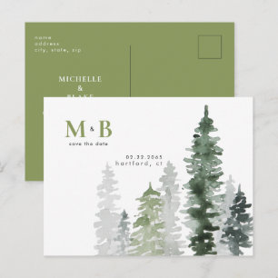 Carte Postale Faire part de date de bois de mousse verte Monogra