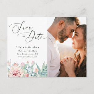 Carte Postale Faire-part de date de mariage élégant avec cactus