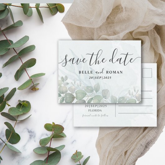 Carte Postale Faire part de date de mariage Éucalyptus rustique