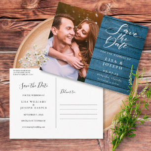 Carte Postale Faire part de date de sauvegarde en bois bleu rust