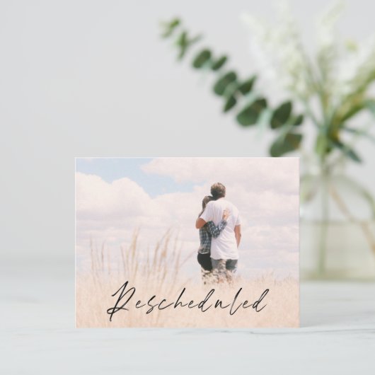 Carte Postale Faire-part de date Mariage photo reprogrammé (Debout devant)