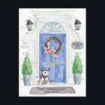 Carte Postale Faire-part de déplacement Schnauzer miniature<br><div class="desc">Annoncez votre nouvelle adresse avec notre faire-part élégante avec un Schnauzer miniature,  une porte d'entrée bleue,  un tapis de bienvenue,  une ardoise,  des topiaires et une couronne fleurie posée sur un arrière - plan en brique grise.</div>