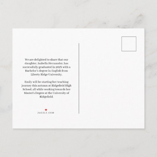 Carte postale Faire-part de graduation manuscrite (Dos)