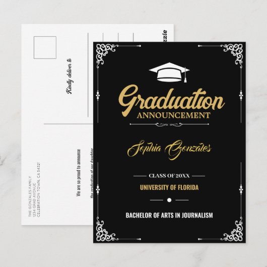Carte Postale Faire-part de graduation noire de script classique (Devant / Derrière)