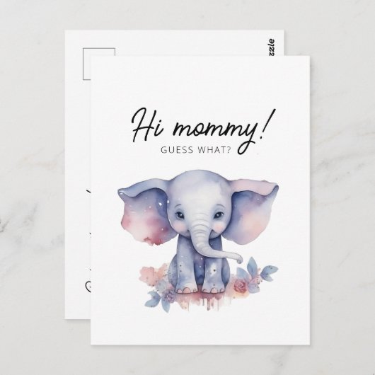 Carte Postale Faire-part de grossesse d'aquarelle d'éléphant mou (Devant / Derrière)