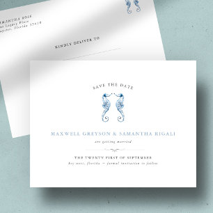 Carte Postale Faire-part de mariage aquarelle Cheval marin Bleu