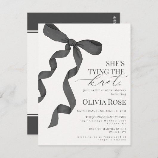 Carte Postale Faire-part de mariage Black Coquette Bow Shower (Devant / Derrière)