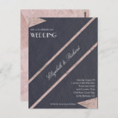 Carte Postale Faire-part de mariage bleu marbre or Rose simple (Devant / Derrière)