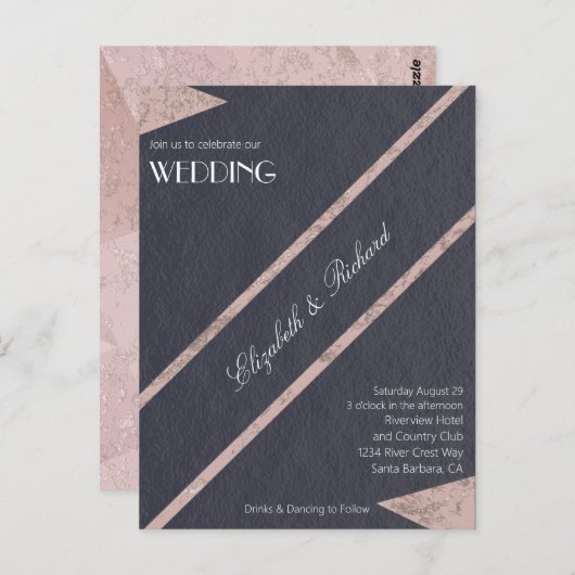 Carte Postale Faire-part de mariage bleu marbre or Rose simple (Devant / Derrière)