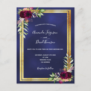 Carte Postale Faire-part de mariage bleu marine or bordeaux flor