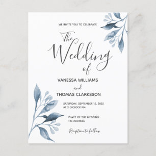 Carte Postale Faire-part de mariage botanique blanc argent bleu