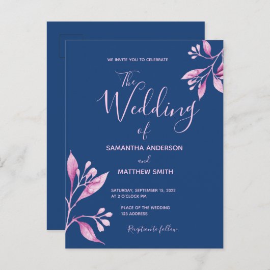 Carte Postale Faire-part de mariage botanique bleu rose pâle (Devant / Derrière)