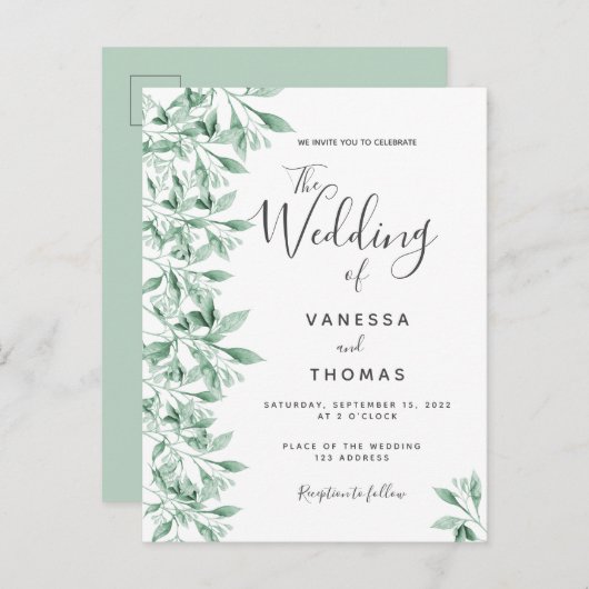 Carte Postale Faire-part de mariage botanique vert vert vert (Devant / Derrière)