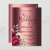 Carte Postale Faire-part de mariage de cuivre des flores bordeau (Devant / Derrière)