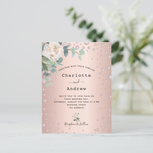 Carte Postale faire-part de mariage de diamants rose en or (Debout devant)