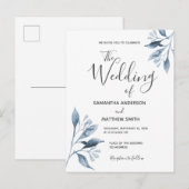 Carte Postale Faire-part de mariage de feuillage botanique bleu (Devant / Derrière)