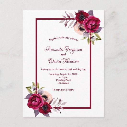 Carte Postale Faire-part de mariage de fleurs bordeaux blanches (Devant)