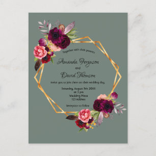 Carte Postale Faire-part de mariage de fleurs bordeaux vert Sage