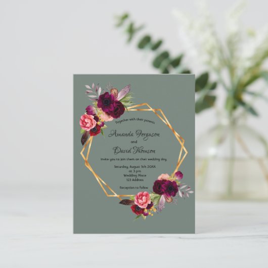 Carte Postale Faire-part de mariage de fleurs bordeaux vert Sage (Debout devant)