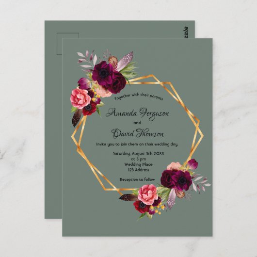 Carte Postale Faire-part de mariage de fleurs bordeaux vert Sage (Devant / Derrière)