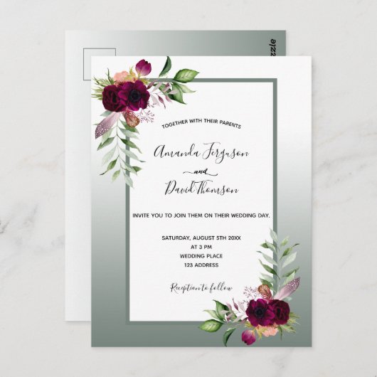 Carte Postale Faire-part de mariage de fleurs bordeaux vert Sage (Devant / Derrière)