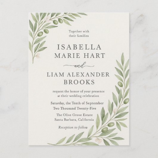 Carte Postale Faire-part de mariage de la branche d'olive - Vert (Devant)