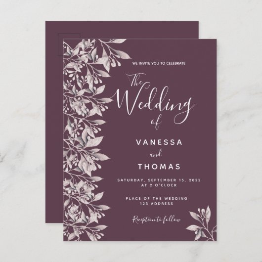 Carte Postale Faire-part de mariage de script rose botanique de (Devant / Derrière)