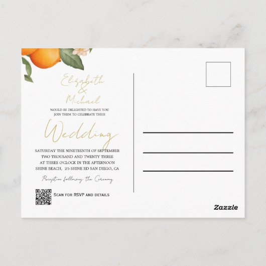 Carte Postale Faire-part de mariage d'été Citrus Orange (Dos)