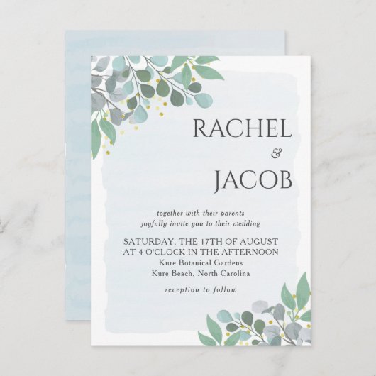 Carte Postale Faire-part de mariage élégant eucalyptus bleu pous (Devant / Derrière)