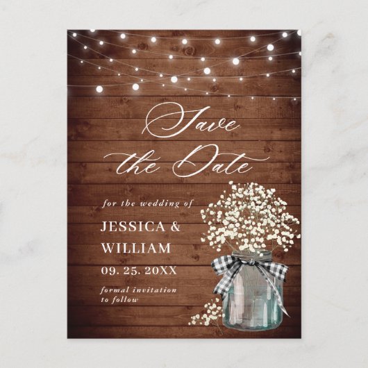 Carte Postale Faire part de mariage en pot Mason Baby's Breath (Devant)