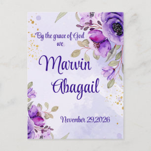 Carte Postale Faire-part de mariage floral aquarelle bleu violet