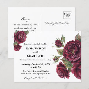Carte Postale Faire-part de mariage floral bordeaux à petit budg