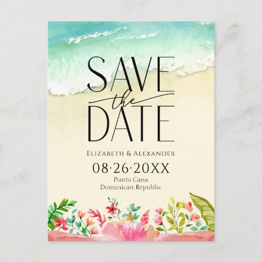 Carte Postale Faire-part de mariage Floral de Plage Tropical en (Devant)