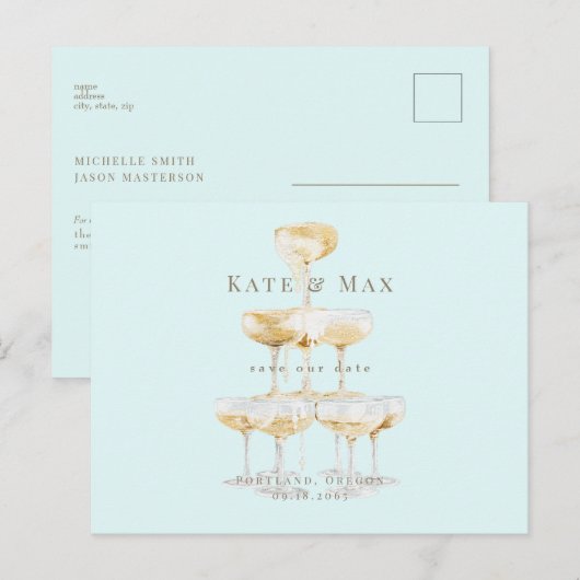 Carte Postale Faire-part de mariage moderne Champagne Seafoam (Devant / Derrière)
