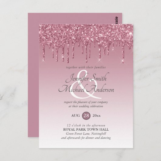 Carte Postale Faire-part de mariage or Rose de Parties scintilla (Devant / Derrière)