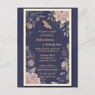 Carte Postale Faire-part de mariage Papillon de nuit, Rose & Cha