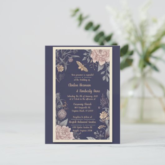 Carte Postale Faire-part de mariage Papillon de nuit, Rose & Cha (Debout devant)