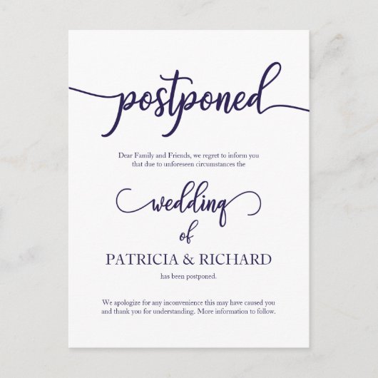 Carte Postale Faire-part de mariage reporté Navy Blue Script (Devant)