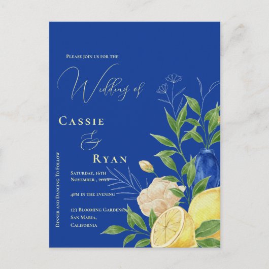 Carte Postale Faire-part de mariage romantique de citron bleu fl (Devant)