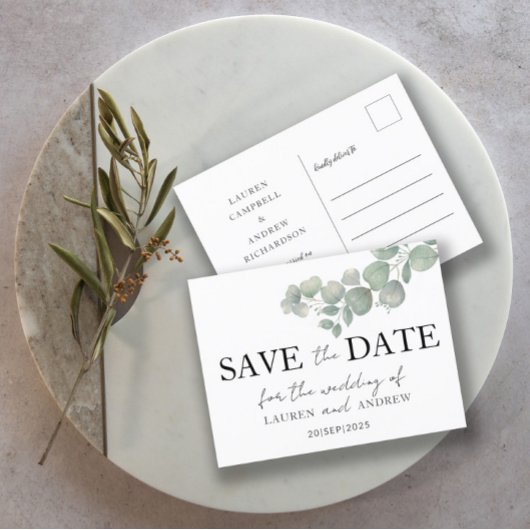 Carte Postale Faire part de mariage rustique Eucalyptus Sage Ver