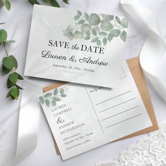 Carte Postale Faire-part de mariage simple avec feuillage d'euca
