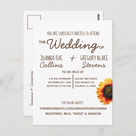 Carte Postale Faire-part de mariage tournesol (Devant / Derrière)