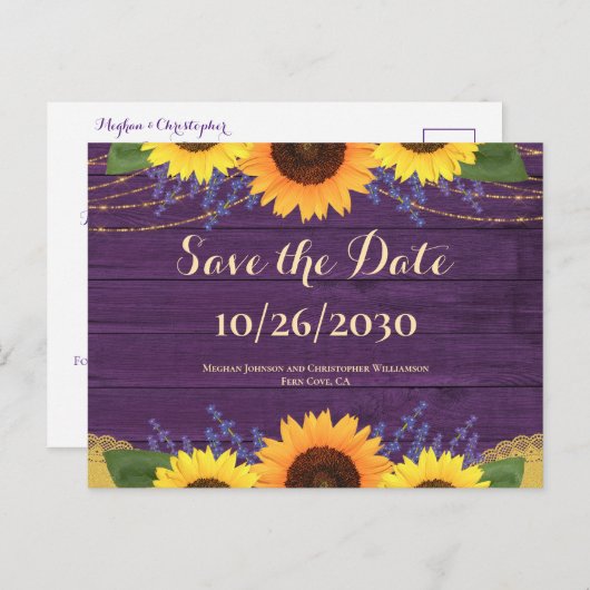 Carte Postale Faire-part de mariage Tournesol Bois Violet Rustiq (Devant / Derrière)