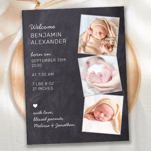 Carte Postale Faire part de naissance avec 3 photos sur tableau 