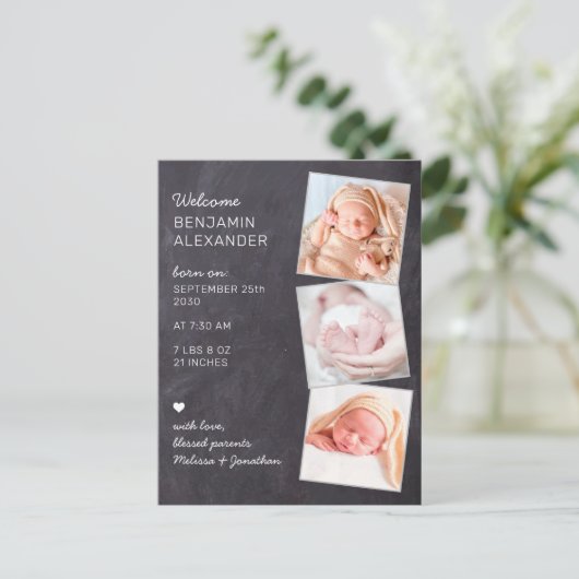 Carte Postale Faire-part de naissance avec tableau noir et 3 pho (Debout devant)
