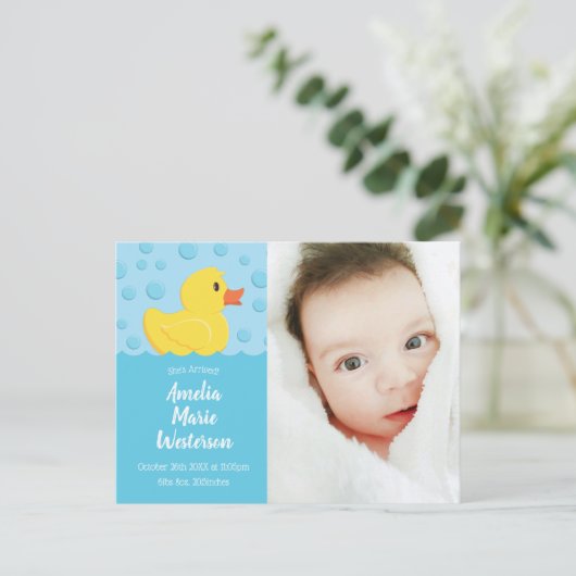 Carte Postale Faire-part de naissance bébé en caoutchouc Ducky (Debout devant)