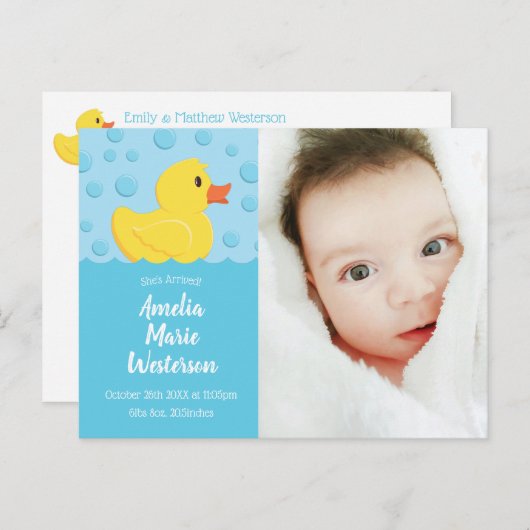 Carte Postale Faire-part de naissance bébé en caoutchouc Ducky (Devant / Derrière)