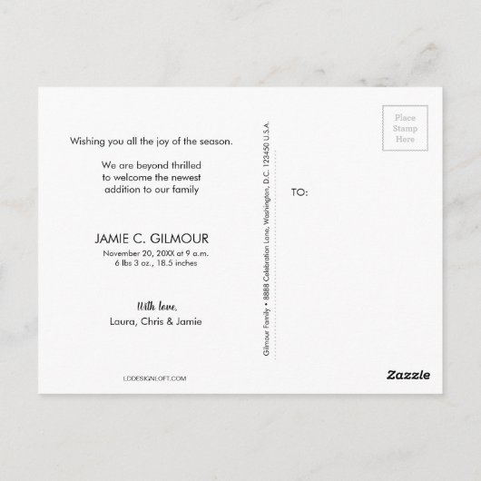 Carte Postale Faire-part de naissance bébé moderne Joyful script (Dos)