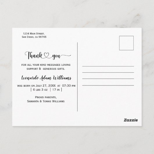 Carte Postale Faire-part de naissance bébé moderne Merci photo (Dos)